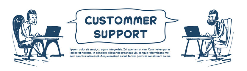 Poster - support center headset agent man client bubble online operator sit at office deck laptop customer and technical service icon, chat concept white background sketch copy space banner vector illustration