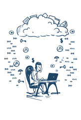 Poster - support center headset agent man client bubble online operator sit at office deck laptop customer an