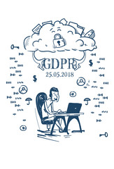 Poster - businessman working office desk cloud padlock General Data Protection Regulation GDPR server security guard over white background hand drawn vector illustration