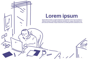 Poster - businessman sit at office desk hard working process concept, business man sketch white background co
