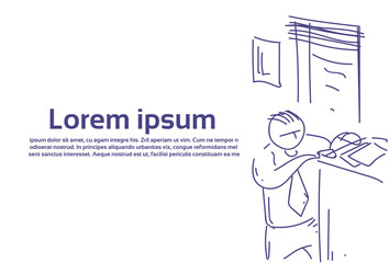 Poster - businessman stay office workplace hard working process concept, business man sketch white background