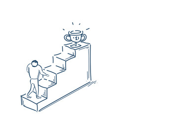 Poster - businessman walking up stairs, concept business man win prize trophy cup , business man sketch white