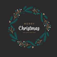 Christmas wreath of berries and pine branches on the black background. Unique design for your greeting cards, banners, flyers. Vector illustration in modern style.