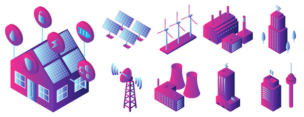Poster - Intelligent building icon set. Isometric set of intelligent building vector icons for web design