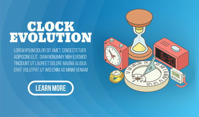 Poster - Clock evolution concept banner. Isometric banner of clock evolution vector concept for web, giftcard and postcard