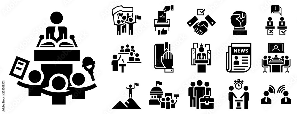 Political meeting icon set. Simple set of political meeting vector icons for web design on white background - obrazy, fototapety, plakaty 