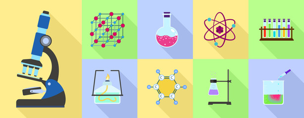 Poster - chemistry science icon set. flat set of chemistry science vector icons for web design