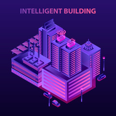 Poster - Futuristic intelligent building concept background. Isometric illustration of futuristic intelligent building vector concept background for web design