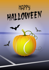 Poster - Happy Halloween. Sports greeting card. Realistic tennis ball in the shape of a Pumpkin. Vector illustration.