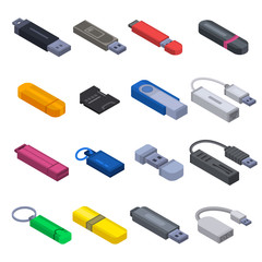 Poster - Flash drive icon set. Isometric set of flash drive vector icons for web design isolated on white background