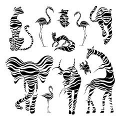 Sticker - Wild animals. Stylized wild animals. Tiger, Bison bull flamingo