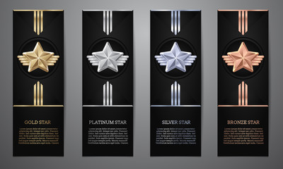 Wall Mural - Set of black banners, Gold, platinum,silver and bronze star, Vector illustration.l