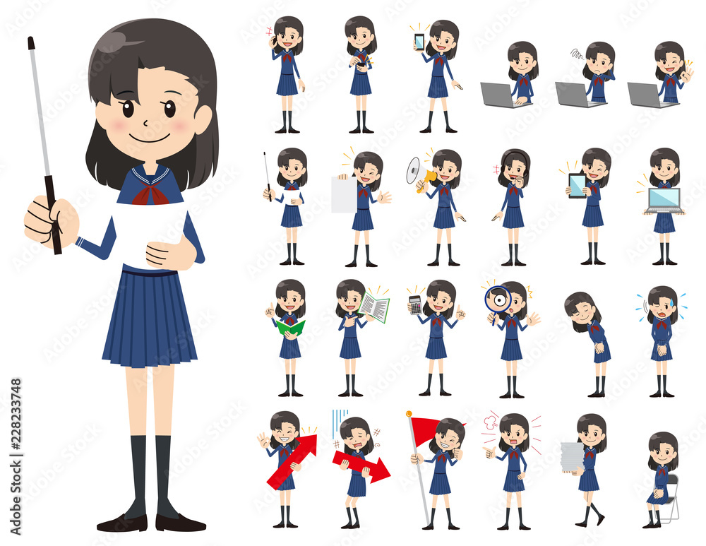 Schoolgirl charactor set. Presenting in various action.