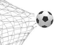 3d Rendering Of A Football Ball Breaking A Net With A Force Of Its Hit And Flying Away.