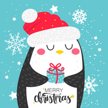 Greeting Card With Cute Christmas Penguin