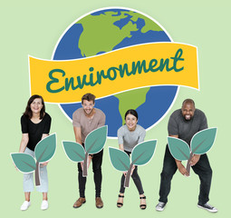 Wall Mural - Diverse people with environmental conservation concept icons