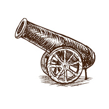 Vintage Ancient Arm Cannon With Cannonballs, War Weapon.