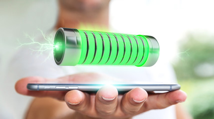 Aufkleber - Businessman using green battery with lightnings 3D rendering