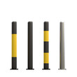 © VITAMIN - Urban street bollards isolated on white background. Stainless steel and painted in black and yellow. City construction architecture. Barrier for sidewalk and road 3D render Illustration