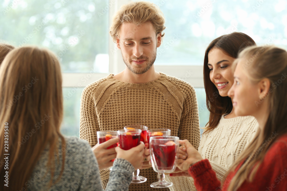 Friends drinking delicious mulled wine at party