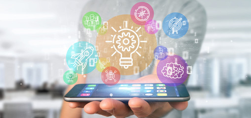 Poster - Cloud of colorfull start up icon bubble with data Businessman holding a binary 3d rendering