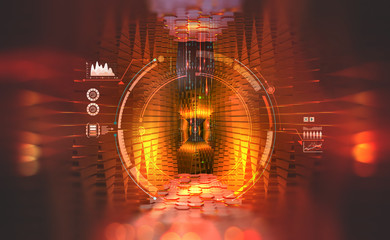 Leinwandbilder - Global processor of the future. Quantum computer and information flows. Concept of big data in a digital society. 3D illustration with HUD element