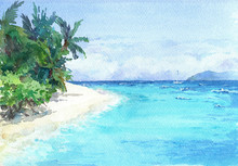 Blue Lagoon Beach With Palms And White Sand. Watercolor Hand Drawn Illustration.