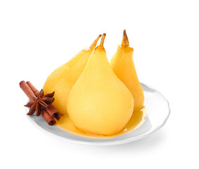 Plate with delicious poached pears in wine on white background