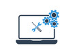 Laptop with wrench and screwdriver on screen. Computer repair service, technical support. Flat design. Vector illustration