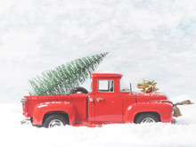 Red Vintage Truck With Christmas Tree