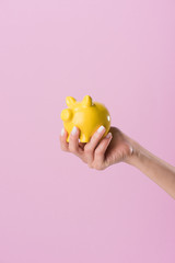 Wall Mural - cropped shot of woman holding yellow piggy bank isolated on pink