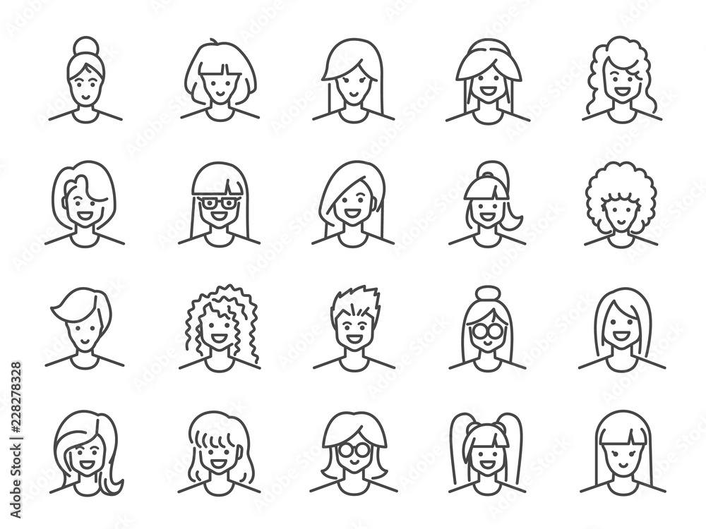 Woman avatar line icon set. Included icons as Female, Girl, Profile ...