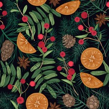 Holiday Seamless Pattern With Pine And Spruce Tree Branches, Needles And Cones, Rowan Berries And Cranberries, Oranges, Star Anise On Black Background. Festive Vector Illustration For Fabric Print.