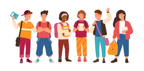 Poster - Group of cute happy children or pupil isolated on white background. Smiling funny school kids or teenage boys and girls, classmates or friends standing together. Flat cartoon vector illustration.