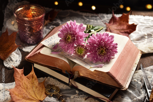 Fotografía vintage style still life with opened book and flowers