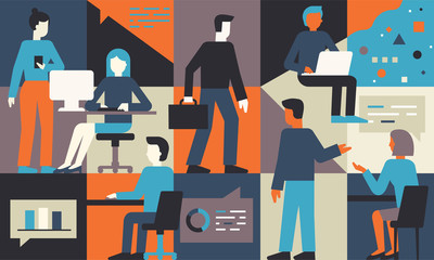 Poster - Vector illustration in flat simple style with small characters - app and software development concept