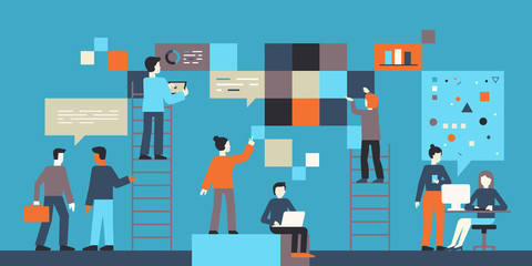 Poster - Vector illustration in flat simple style with small characters - app and software development concept - people working on abstract banners with data