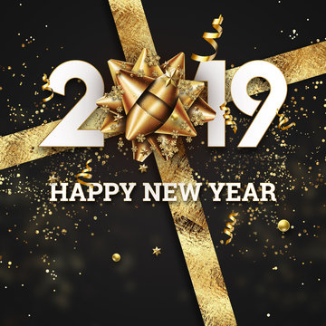 Creative background, 2019 Happy new year. Gold Numbers Design of greeting card of. Gold Shining Pattern. Happy New Year Banner with 2019 Numbers on a dark background. Confetti, copy space.