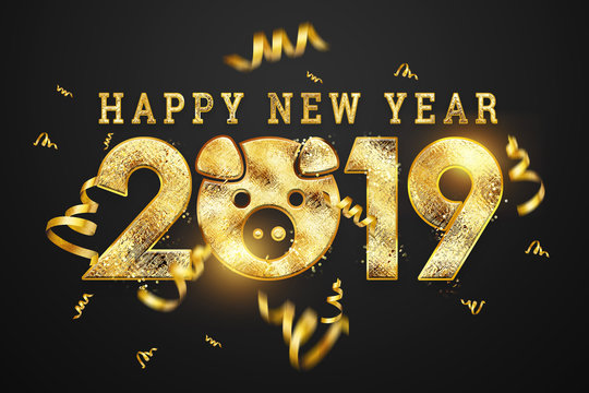 Creative background, 2019 Happy new year. Gold Numbers Design of greeting card of. Gold Shining Pattern. Happy New Year Banner with 2019 Numbers on a dark background. Confetti, copy space.