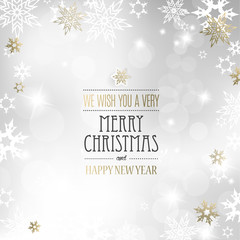 Christmas light vector background illustration with snowflakes and golden Merry Christmas text