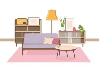 Wall Mural - Comfy interior of living room full of Soviet furniture and retro home decorations - cozy couch, coffee table, houseplants, cupboard, floor lamp, radio receiver. Vector illustration in flat style.