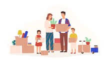 Happy Family Packing Stuff To Move To New House Or Apartment. Mother, Father, Son And Daughter Holding Boxes, Carriage With Cat And Houseplant. Colorful Vector Illustration In Flat Cartoon Style.