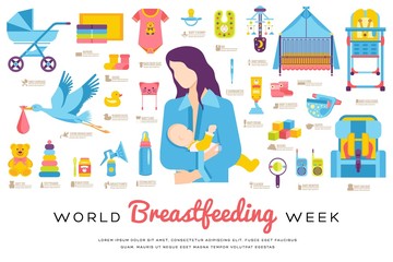 Wall Mural - World breastfeeding week and kids elements flat icon set concept. Child illustrations design