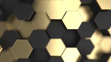 Wall Mural - Abstract background with black and gold 3d hexagons