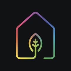 Poster - house with eco leaf icon. line style. Rainbow color and dark bac