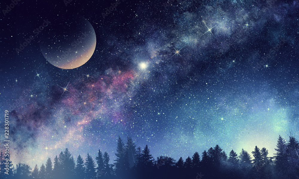 Full moon in night starry sky - obrazy, fototapety, plakaty 