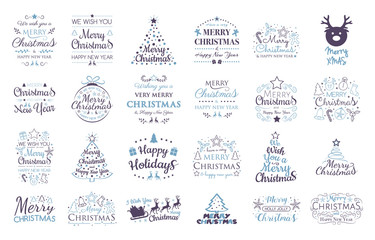 Wall Mural - Set with Christmas ornaments and wishes. Vector.