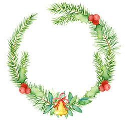 Wall Mural - Merry Christmas watercolor wreaths with floral winter elements. Happy New Year card, posters. Flowers, spruce branches and mistletoe branches