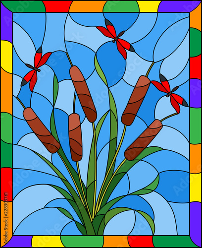 ilustracja-w-stylu-witrazu-z-bukietem-sitowia-i-czerwone-wazki