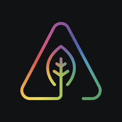 Poster - eco leaf in warning triangle. problem with ecology. linear symbol with thin outline. one line style. Rainbow color and dark background